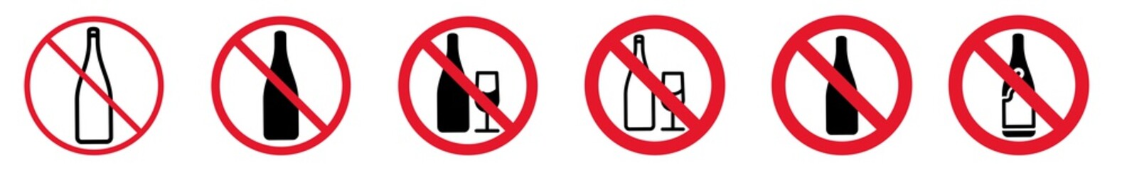 Wall Mural - Prohibition Sign Alcohol Celebration Forbidden Icon Set | Champagne Bottle Prohibition Signs Prohibited Vector Illustration Logo | Alcohol Party Prohibition Sign Isolated Collection
