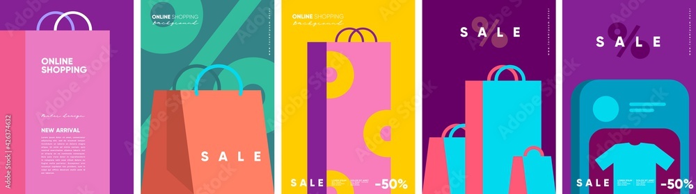 Online shopping and sale. Set of flat vector illustrations. Minimalistic background illustrations for sales, advertisements, coupons. Banner, poster, flyer. - obrazy, fototapety, plakaty 