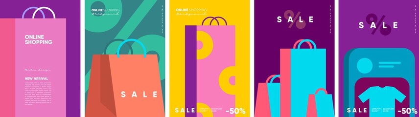 Wall Mural - Online shopping and sale. Set of flat vector illustrations. Minimalistic background illustrations for sales, advertisements, coupons. Banner, poster, flyer.