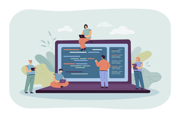 Wall Mural - cartoon tiny young programmers and coders working with computers. flat vector illustration. giant la