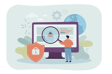 Wall Mural - cartoon metaphor of software assurance application or service. flat vector illustration. tiny man wi