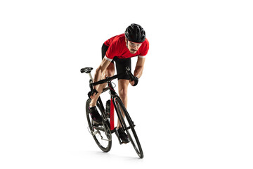 Wall Mural - Professional male bike rider on road bike isolated over white background.