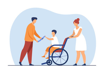 Wall Mural - little boy sitting in wheelchair and taking toy from dad. nurse, help, treatment flat vector illustr