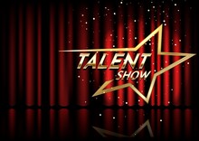 Golden Talent Show Text In The Star Over Red Curtain. Event Invitation Poster. Festival Performance Banner.