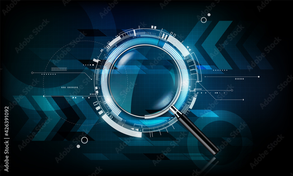 magnifying glass with scan search concept and futuristic electronic technology background, transparent vector illustration - obrazy, fototapety, plakaty 