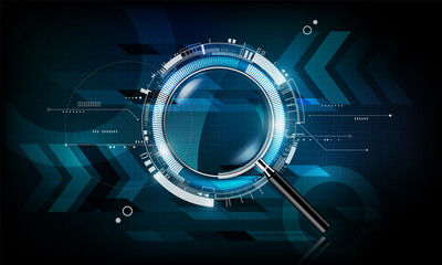 magnifying glass with scan search concept and futuristic electronic technology background, transparent vector illustration