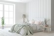 © AntonSh - Soft color bedroom interior. Scandinavian design. 3D illustration