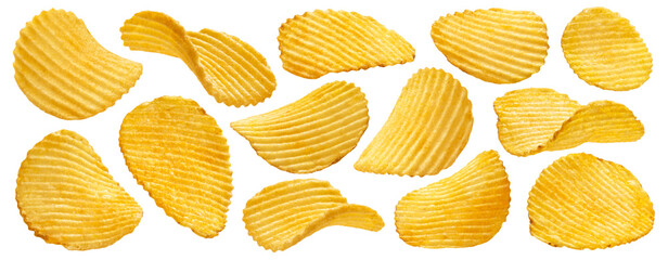 Wall Mural - Ridged potato chips isolated on white background
