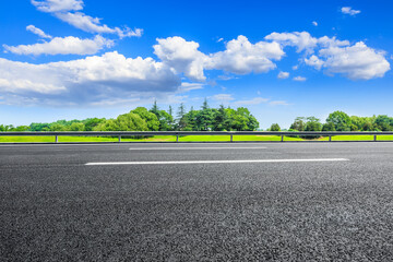 Asphalt road and green trees in spring season.