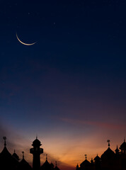 Wall Mural - crescent moon vertical over dome mosques on twilight dusk sky, religious ramadan month islamic cultu