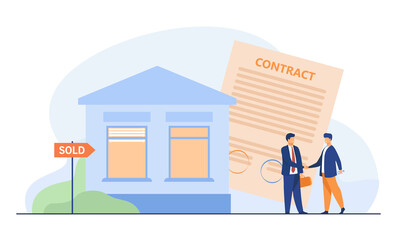 Wall Mural - Professional realtor selling house to buyer. Contract, agreement, property flat vector illustration. Investment and real estate concept for banner, website design or landing web page