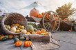 Autumn Halloween, Ancient wagon and Pumpkins with Mt. Fuji at the back in Fuji Kawaguchiko, Japan.