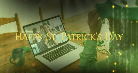 Poster - St patricks day text against woman wearing shamrock glasses while having a video call at home