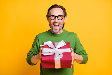 Sticker - Photo of crazy excited man hold giftbox open mouth wear spectacles green pullover isolated yellow color background