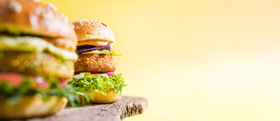 Wall Mural - Vegan with a lump, gluten-free, with flax seeds. chickpea burgers with arugula, radish, avocado cucumber and hummus. Plant based diet concept.