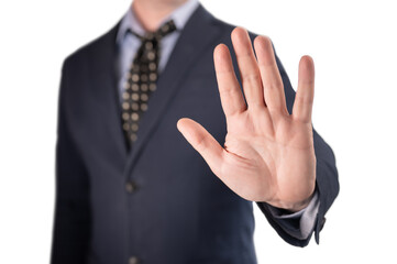 businessman gesture stop. man Showing Stop. Businessman Gesturing NO Sign. Businessman in suit making stop gesture, holding his palm outward isolated on white