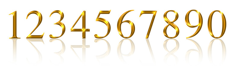Wall Mural - golden numbers, from one to zero over white. ten gold colored, metallic shimmering and three-dimensi