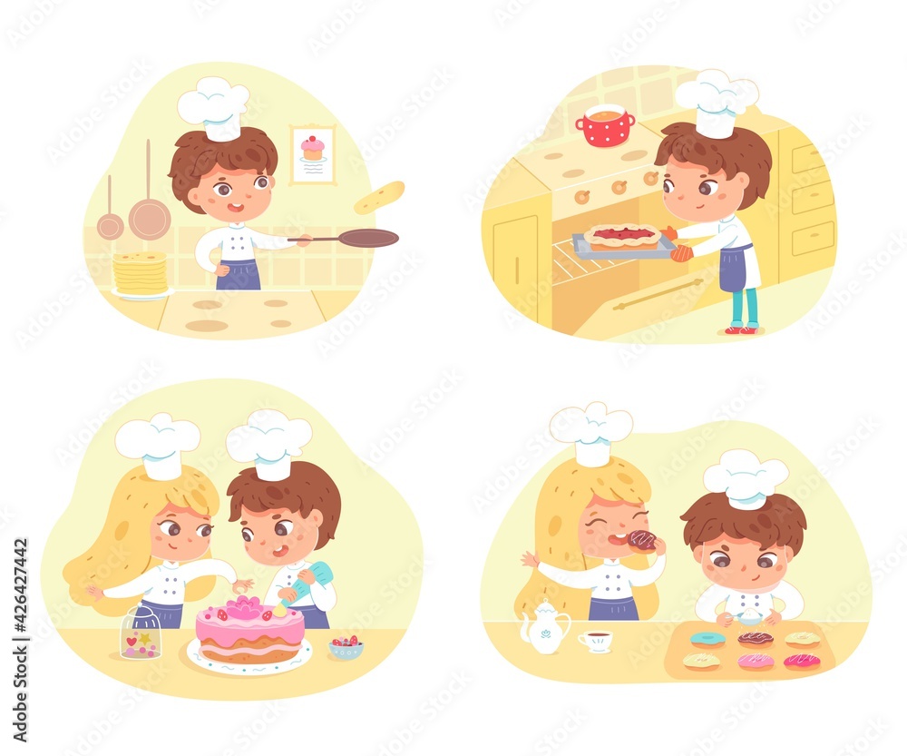 Kids cooking and baking pastry set. Little girl and boy in hat and apron  making pie, pancakes, cake, doughnuts vector illustration. Young chefs  preparing sweet food in kitchen Stock Vector | Adobe, image size:1000x833