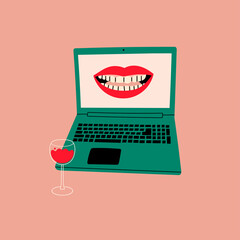 laptop with smiling mouth on screen. wine glass standing near the keyboard. conversation, video call