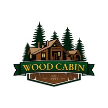 Wood Cabin Logo Template. Cabin In The Woods Vector Illustration. Cabin Rentals Logo. Chalet In The Forest Sticker.