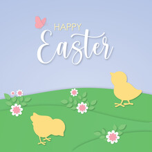 Happy Easter Baby Chicks On Grass, Cute Paper Cut Out Cartoon Spring Landscape Illustration