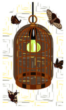 Vintage Birdcage Lampshade With Moths Flying Around.