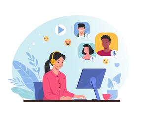 Wall Mural - chatting online concept. vector illustration in a trendy flat style of a young pretty woman in headp