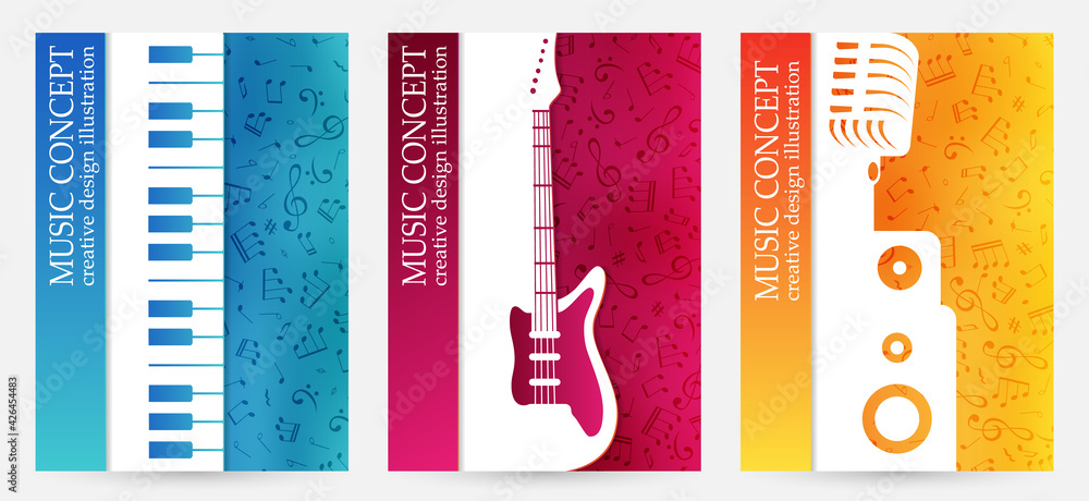 Creative colorful music poster. Vector banners  with musical  instrument silhouettes and vibrant color textured background. - obrazy, fototapety, plakaty 