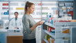 © Gorodenkoff - Pharmacy Drugstore: Beautiful Caucasian Young Woman Chooses to Buy Medicine, Drugs, Vitamins, Searches Shelves for the Best Choice. Modern Pharma Store Shelves with Health Care, Beauty Products