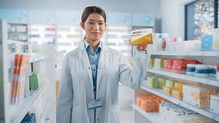 Wall Mural - Pharmacy Drugstore: Portrait of Professional Asian Female Pharmacist Holding Box of Vitamins, Looking at Camera, Smiling. Store with Health Care Products, Specialist Recommending Best Product.