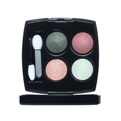 Wall Mural - Open cosmetic set with eye shadows and applicators in black plastic case