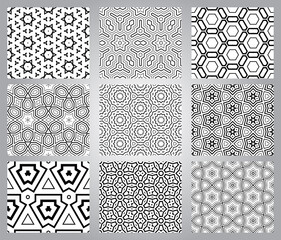 Wall Mural - Set of abstract fantasy thin line hexagon, triangle geometric seamless patterns. Creative mosaic, tile background collection.