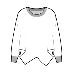 Sweater batwing sleeve technical fashion illustration with rib oval neck, oversized, hip length, knit trim. Flat garment apparel front, white color style. Women, men unisex CAD mockup