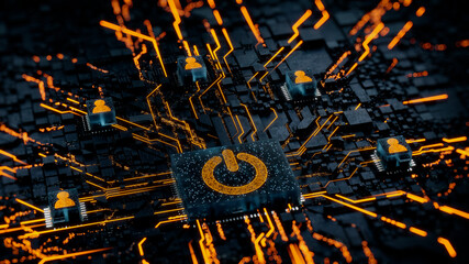 Activate Technology Concept with power symbol on a Microchip. Orange Neon Data flows between Users and the CPU across a Futuristic Motherboard. 3D render.