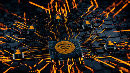 Wireless Technology Concept with wifi symbol on a Microchip. Orange Neon Data flows between Users and the CPU across a Futuristic Motherboard. 3D render.