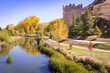 the Ucero river and a defensive tower next to El Burgo de Osma-City of Osma, province of Soria, Castile and Leon, Spain