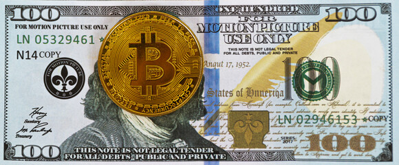 Bitcoin coin over face on one hundred dollar bill