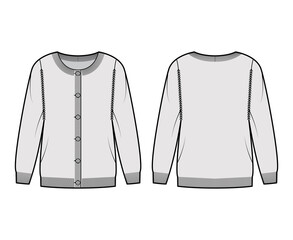 Wall Mural - Round neck cardigan technical fashion illustration with button closure, long sleeves, oversized, hip length, knit rib trim. Flat Sweater apparel front, back, grey color style. Women, unisex CAD mockup