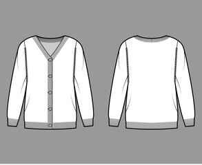 Sweater cardigan technical fashion illustration with V- neck, long sleeves, oversized, fingertip length, knit rib trim. Flat apparel front, back, white color style. Women, men unisex CAD mockup