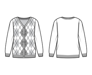 Wall Mural - Argyle cardigan technical fashion illustration with rib V-neck, long sleeves, oversized, fingertip length, knit cuff trim. Flat sweater apparel front, back, white color. Women, men unisex CAD mockup