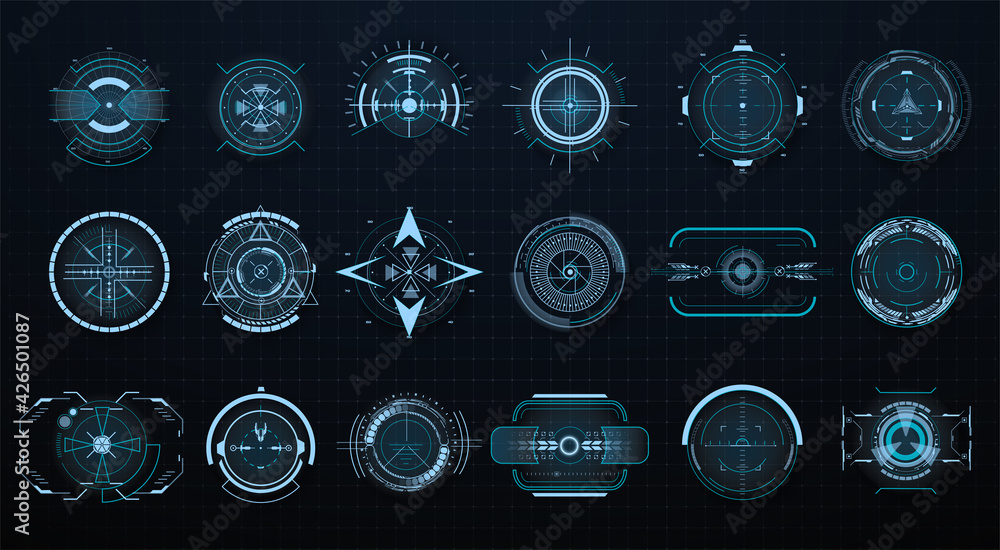 Futuristic optical aim. Military collimator sight, gun targets focus range indication. Gaming and hi-tech, cyberspace and gui design, electronic theme. HUD, GUI,UI technology future elements. Vector - obrazy, fototapety, plakaty 