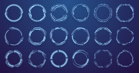 Fototapete - Circle HUD elements for UI, UX, GUI, FUI. Set abstract digital circular shapes. Circle Sci-fi elements on isolated blue background. Concept Futuristic User Interface for graphic motion. Vector