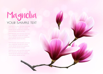 Poster - Nature background with blossom branch of pink magnolia. Vector