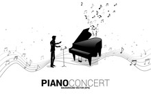 Vector Silhouette Of Conductor With Grand Piano With Music Melody Note Dancing Flow. Concept Background For Song And Concert Theme.