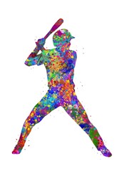 Baseball player batting watercolor art, abstract painting. sport art print, watercolor illustration rainbow, colorful, decoration wall art.