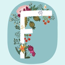 Vector Hand Drawn Floral Monogram With Vintage Amazing Flowers! Letters "F" Perfect For Backgrounds Of Flyers, Posters, Invitations, Cards, Webs Graphics, Blogs, Banners, And More.