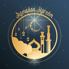 Canvas Print - Golden arab mosque with other buildings. Ramadan Kareem poster - Vector illustration