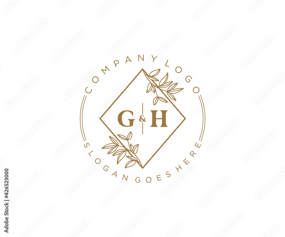 initial GH letters Beautiful floral feminine editable premade monoline ...