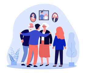 Wall Mural - siblings talking to parents in front of family portraits. man hugging parents, happy family flat vec