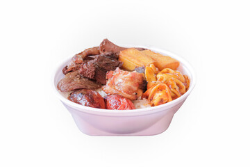 Marmitex with meat, sausage, chicken, fried polenta, capeletti, and rice in a white bowl - packed lunch - Brazilian Food - White Background.